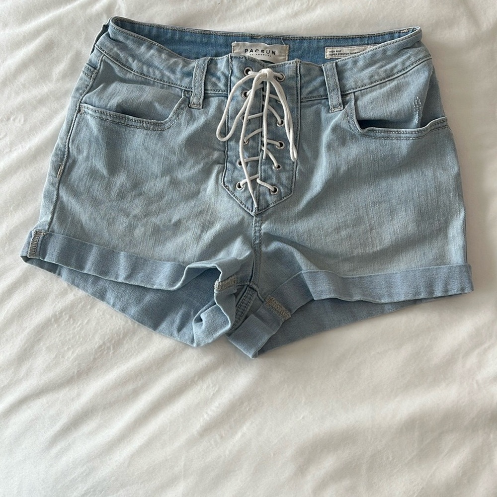 PacSun Light Blue Denim Lace Up High Rise Shorts